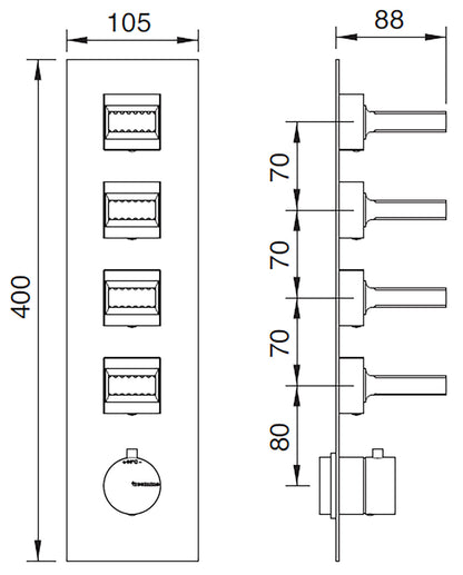 Rubinetterie Treemme 3M Kea RWIT 7A97 CC KO + RWIT 7297 ZZ 30 Miscelatore Termostatico Doccia Incasso Muro 4 Uscite Con Piastra 5 Fori Quattro Manopole in Ottone Materiale Ottone Finitura Cromata Parte Interna Esterna Incluse