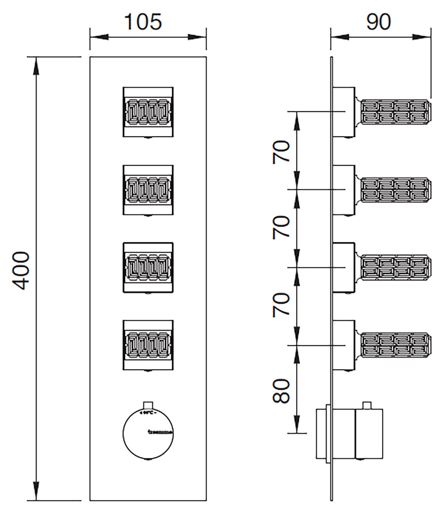 Rubinetterie Treemme 3M Kea RWIT 7A97 CC RO + RWIT 7297 ZZ 30 Miscelatore Termostatico Doccia Incasso Muro 4 Uscite Con Piastra 5 Fori Quattro Manopole in Cristallo Trasparente Materiale Ottone Finitura Cromata Parte Interna Esterna Incluse