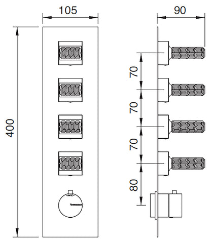 Rubinetterie Treemme 3M Kea RWIT 7A97 CC RO + RWIT 7297 ZZ 30 Miscelatore Termostatico Doccia Incasso Muro 4 Uscite Con Piastra 5 Fori Quattro Manopole in Cristallo Trasparente Materiale Ottone Finitura Cromata Parte Interna Esterna Incluse
