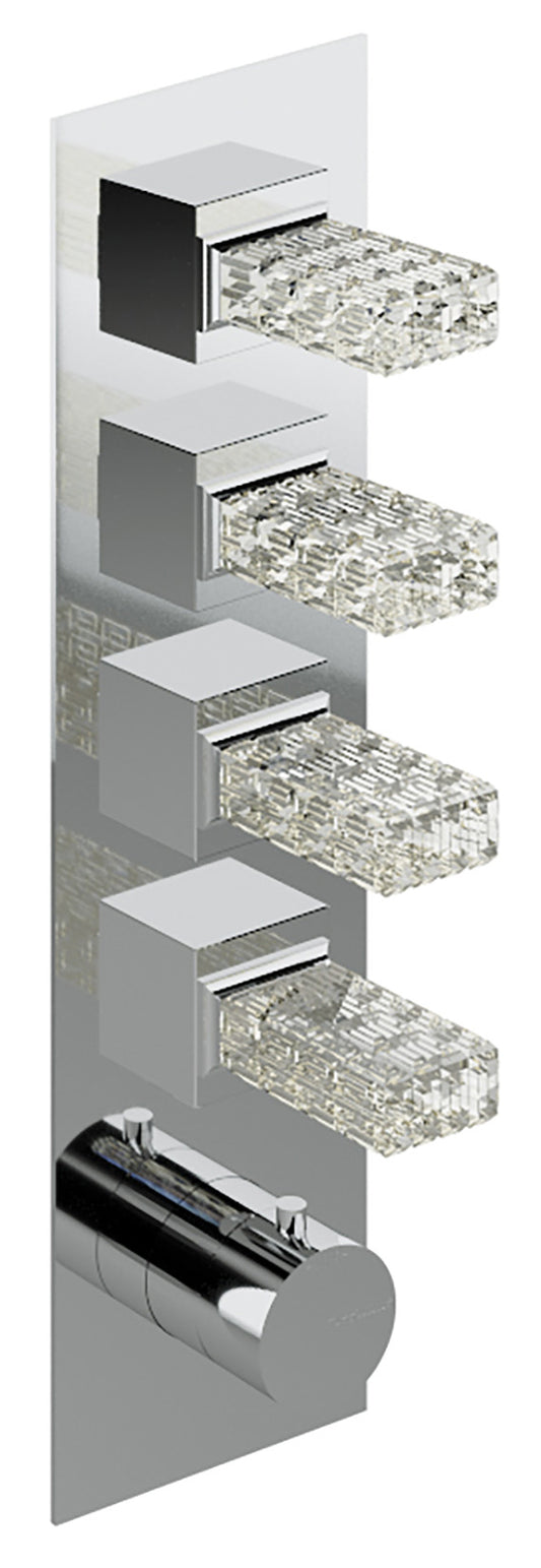 Rubinetterie Treemme 3M Kea RWIT 7A97 CC RO + RWIT 7297 ZZ 30 Miscelatore Termostatico Doccia Incasso Muro 4 Uscite Con Piastra 5 Fori Quattro Manopole in Cristallo Trasparente Materiale Ottone Finitura Cromata Parte Interna Esterna Incluse