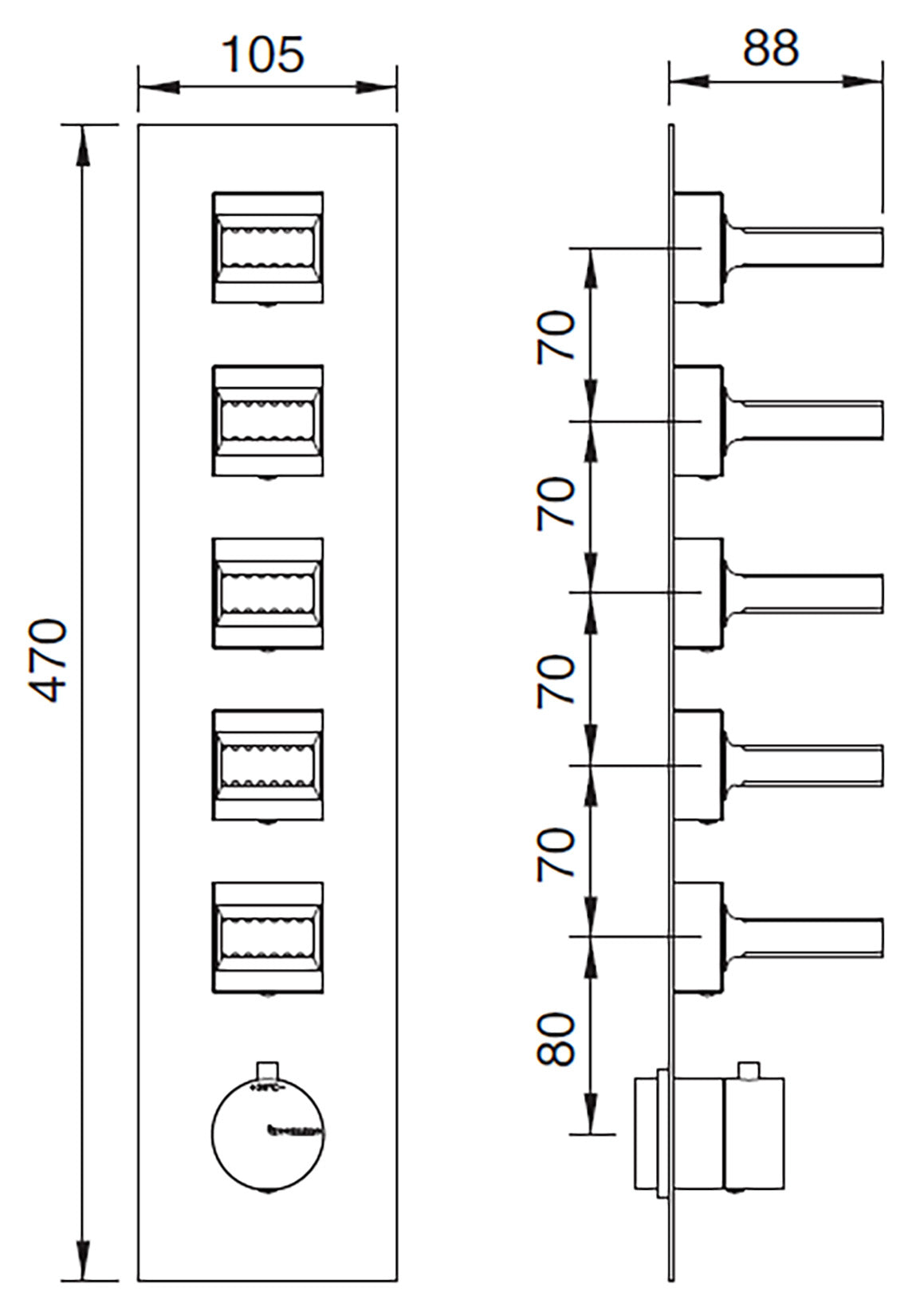 Rubinetterie Treemme 3M Kea RWIT 7A98 CC KO + RWIT 7298 ZZ 30 Miscelatore Termostatico Doccia Incasso Muro 5 Uscite Con Piastra 6 Fori Cinque Manopole in Ottone Materiale Ottone Finitura Cromata Parte Interna Esterna Incluse