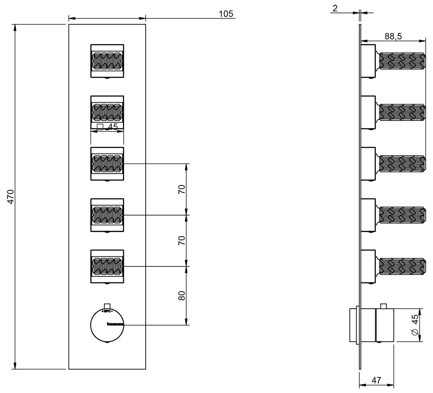 Rubinetterie Treemme 3M Kea RWIT 7A98 CC RO + RWIT 7298 ZZ 30 Miscelatore Termostatico Doccia Incasso Muro 5 Uscite Con Piastra 6 Fori Cinque Manopole in Cristallo Trasparente Materiale Ottone Finitura Cromata Parte Interna Esterna Incluse