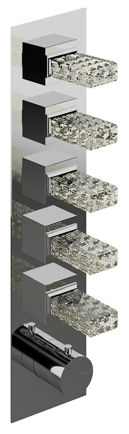 Rubinetterie Treemme 3M Kea RWIT 7A98 CC RO + RWIT 7298 ZZ 30 Miscelatore Termostatico Doccia Incasso Muro 5 Uscite Con Piastra 6 Fori Cinque Manopole in Cristallo Trasparente Materiale Ottone Finitura Cromata Parte Interna Esterna Incluse