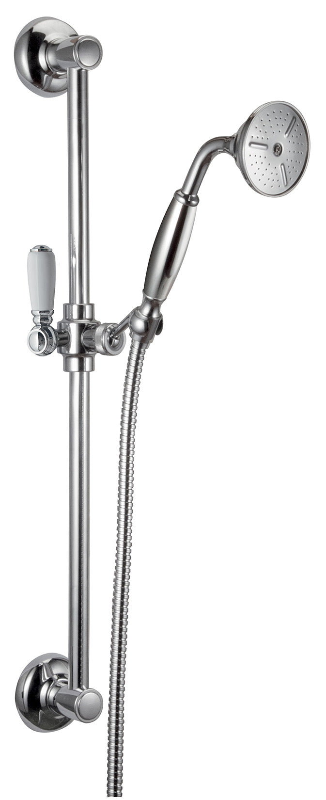 Rubinetterie Treemme 3M Old Italy Sogno RWIT 4467 CC 02 Kit Asta Saliscendi Con Doccetta In Metallo e Flessibile Senza Presa Acqua Leva in Ceramica Bianca Stile Classico Materiale Ottone Finitura Cromata Portata 8 Litri Al Minuto