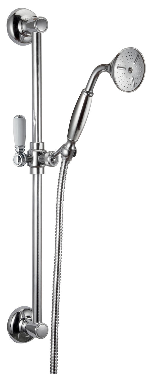 Rubinetterie Treemme 3M Old Italy Sogno RWIT 4467 CC 02 Kit Asta Saliscendi Con Doccetta In Metallo e Flessibile Senza Presa Acqua Leva in Ceramica Bianca Stile Classico Materiale Ottone Finitura Cromata Portata 8 Litri Al Minuto