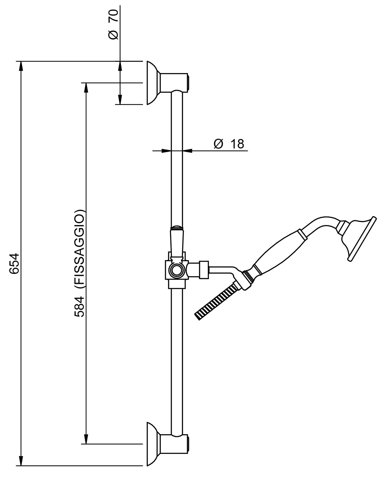 Rubinetterie Treemme 3M Old Italy Sogno RWIT 4467 CC 02 Kit Asta Saliscendi Con Doccetta In Metallo e Flessibile Senza Presa Acqua Leva in Ceramica Bianca Stile Classico Materiale Ottone Finitura Cromata Portata 8 Litri Al Minuto