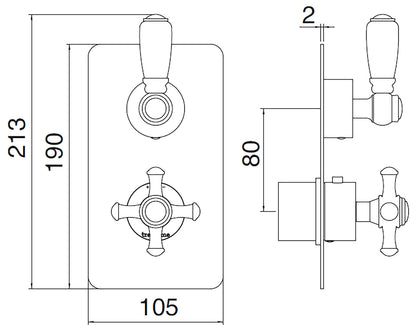 Rubinetterie Treemme 3M Old Italy Sogno RWIT 4487 CC SO + RWIT 7287 ZZ 30 Miscelatore Doccia Termostatico Incasso Muro 1 Uscita Due Fori 1 Leva Ceramica Bianca Stile Classico Piastra Doppio Orientamento Ottone Cromato Parte Interna Esterna Incluse