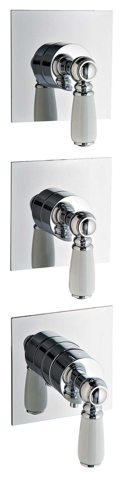 Rubinetterie Treemme 3M Old Italy Sogno RWIT 7274 CC 46 + RWIT 7274 ZZ 40 Miscelatore Doccia Termostatico Incasso Muro 2 Uscite 3 Fori 3 Leve Ceramica Bianca Stile Classico Senza Piastra Doppio Orientamento Ottone Cromato Parte Interna Esterna Incluse