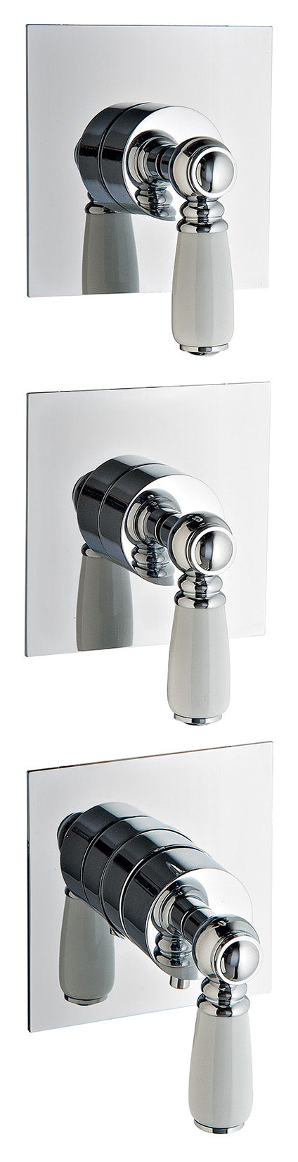 Rubinetterie Treemme 3M Old Italy Sogno RWIT 7274 CC 46 + RWIT 7274 ZZ 40 Miscelatore Doccia Termostatico Incasso Muro 2 Uscite 3 Fori 3 Leve Ceramica Bianca Stile Classico Senza Piastra Doppio Orientamento Ottone Cromato Parte Interna Esterna Incluse