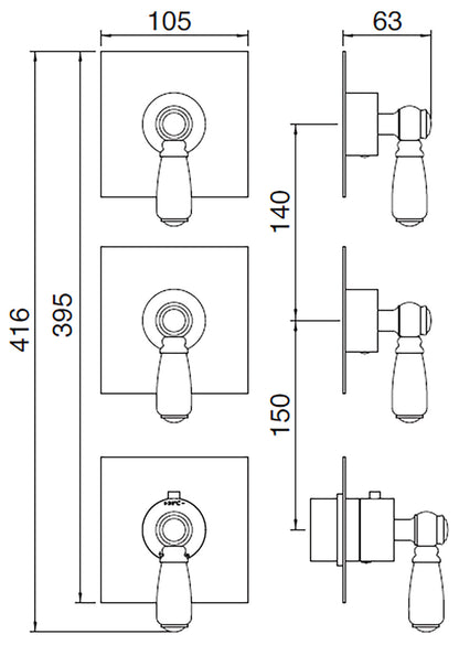 Rubinetterie Treemme 3M Old Italy Sogno RWIT 7274 CC 46 + RWIT 7274 ZZ 40 Miscelatore Doccia Termostatico Incasso Muro 2 Uscite 3 Fori 3 Leve Ceramica Bianca Stile Classico Senza Piastra Doppio Orientamento Ottone Cromato Parte Interna Esterna Incluse