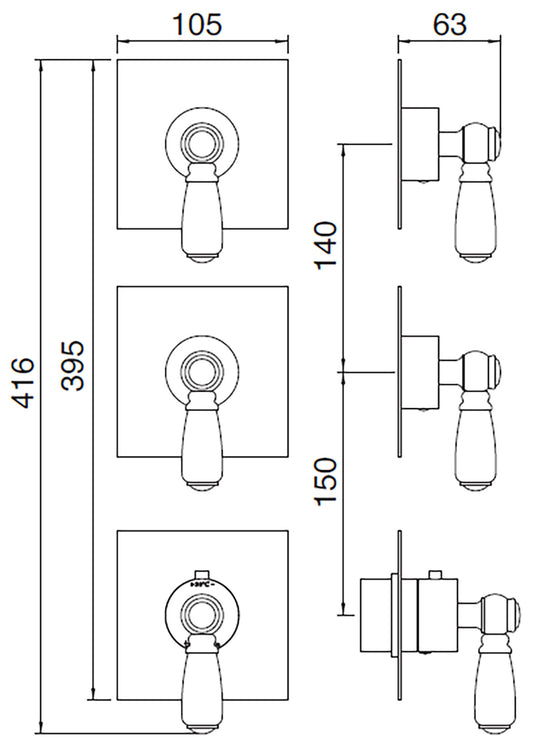 Rubinetterie Treemme 3M Old Italy Sogno RWIT 7274 CC 46 + RWIT 7274 ZZ 40 Miscelatore Doccia Termostatico Incasso Muro 2 Uscite 3 Fori 3 Leve Ceramica Bianca Stile Classico Senza Piastra Doppio Orientamento Ottone Cromato Parte Interna Esterna Incluse