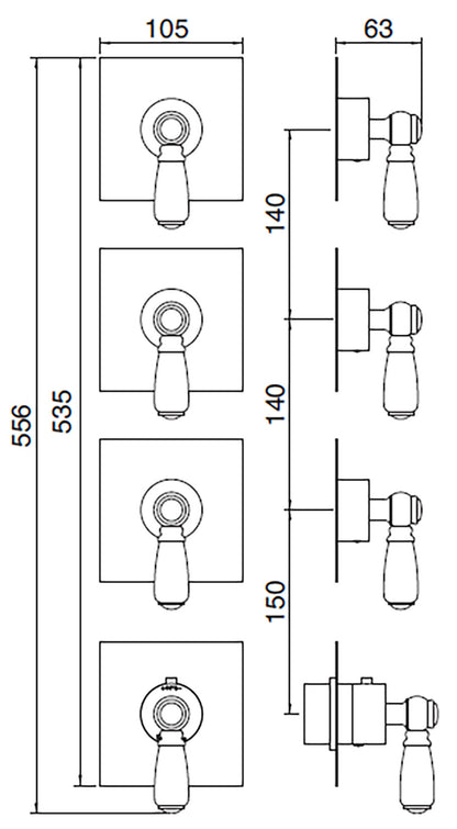 Rubinetterie Treemme 3M Old Italy Sogno RWIT 7275 CC 46 + RWIT 7275 ZZ 40 Miscelatore Doccia Termostatico Incasso Muro 3 Uscite 4 Fori Quattro Leve Ceramica Bianca Stile Classico Senza Piastra Doppio Orientamento Ottone Cromo Parte Interna Esterna Incluse