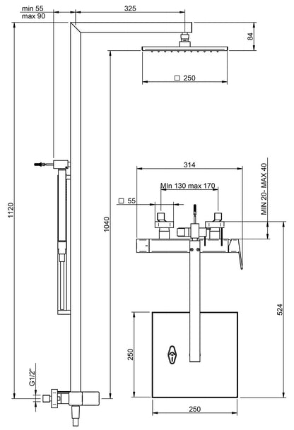 Rubinetterie Treemme 3M Pa36 IT 8B60 CC QF ZZ Colonna Gruppo Doccia Multifunzione Miscelatore Meccanico Doccetta Quadra Soffione Anticalcare 250x250 mm Metallo Flessibile PVC Montaggio Muro Materiale Ottone Finitura Cromata