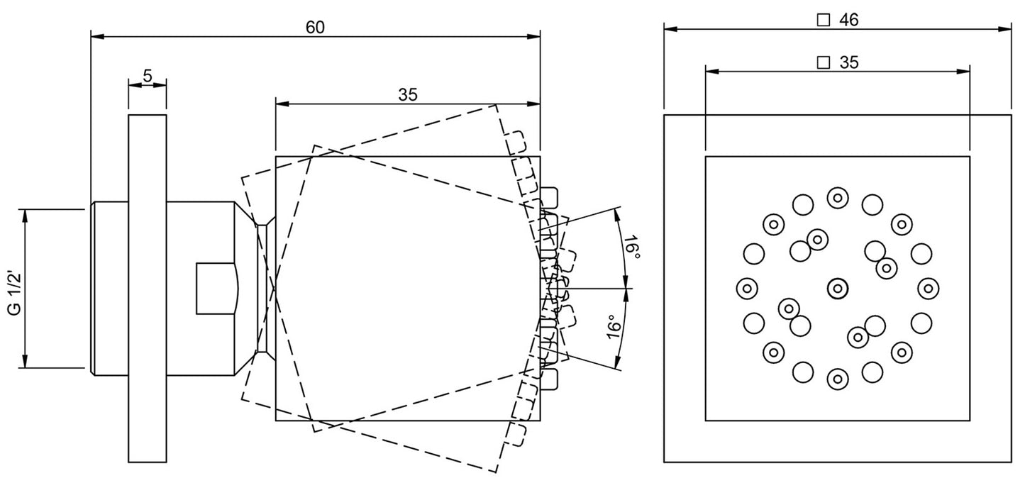 Rubinetterie Treemme 3M Pa36 IT RTBR 203 CC Soffione Doccia Laterale A Parete Materiale Metallo Finitura Cromata Forma Quadra Misura 35x35 mm