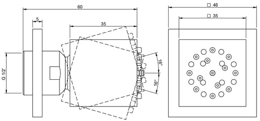 Rubinetterie Treemme 3M Pa36 IT RTBR 203 CC Soffione Doccia Laterale A Parete Materiale Metallo Finitura Cromata Forma Quadra Misura 35x35 mm