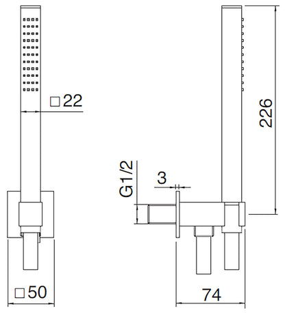 Rubinetterie Treemme 3M Pa36 RWIT 5605 CC 74 Duplex Kit Gancio Presa Acqua Ottone Flessibile PVC e Doccetta In Metallo Forma Quadra Finitura Cromata Portata 8 Litri Al Minuto