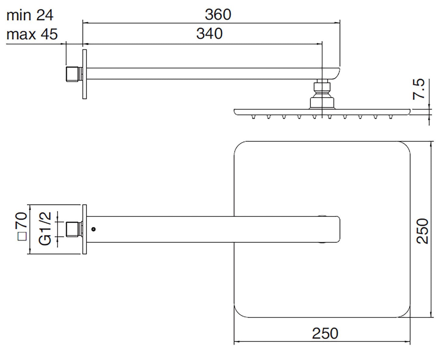 Rubinetterie Treemme 3M Pa36 RWIT 6A47 CC 01 Soffione Doccia A Parete Anticalcare Quadrato Misura 250x250 mm In Metallo Cromo Con Braccio Lunghezza 360 mm Uscita Acqua a Pioggia Stile Moderno Materiale Ottone Finitura Cromato