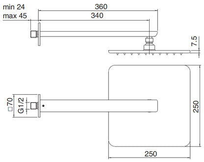 Rubinetterie Treemme 3M Pa36 RWIT 6A47 CC 01 Soffione Doccia A Parete Anticalcare Quadrato Misura 250x250 mm In Metallo Cromo Con Braccio Lunghezza 360 mm Uscita Acqua a Pioggia Stile Moderno Materiale Ottone Finitura Cromato