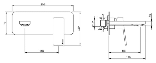 Rubinetterie Treemme 3M Pa36 RWIT 8BA5 CC BC + RWIT 51A5 ZZ 01 Miscelatore Monocomando Lavabo Incasso 110 Installazione Parete 1 Leva a Destra 2 Fori Meccanico Moderno Con Piastra Orizzontale Lunghezza 120 mm Ottone Cromata Parte Interna Esterna Incluse
