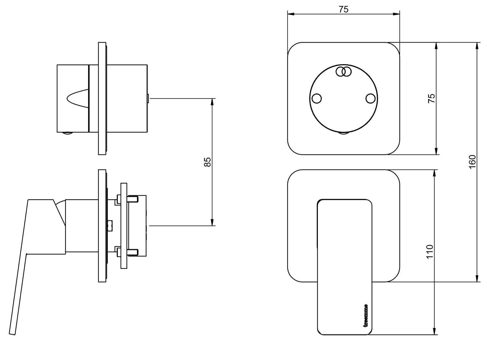 Rubinetterie Treemme 3M Pa36 RWIT 8BC2 CC 01 + RWIT 22A2 ZZ 01 Miscelatore Monocomando Doccia Incasso Muro Con Deviatore 2 Uscite Meccanico Due Fori 1 Leva Senza Piastra Verticale Staffa Per Cartongesso Ottone Cromata Parte Interna Esterna Incluse