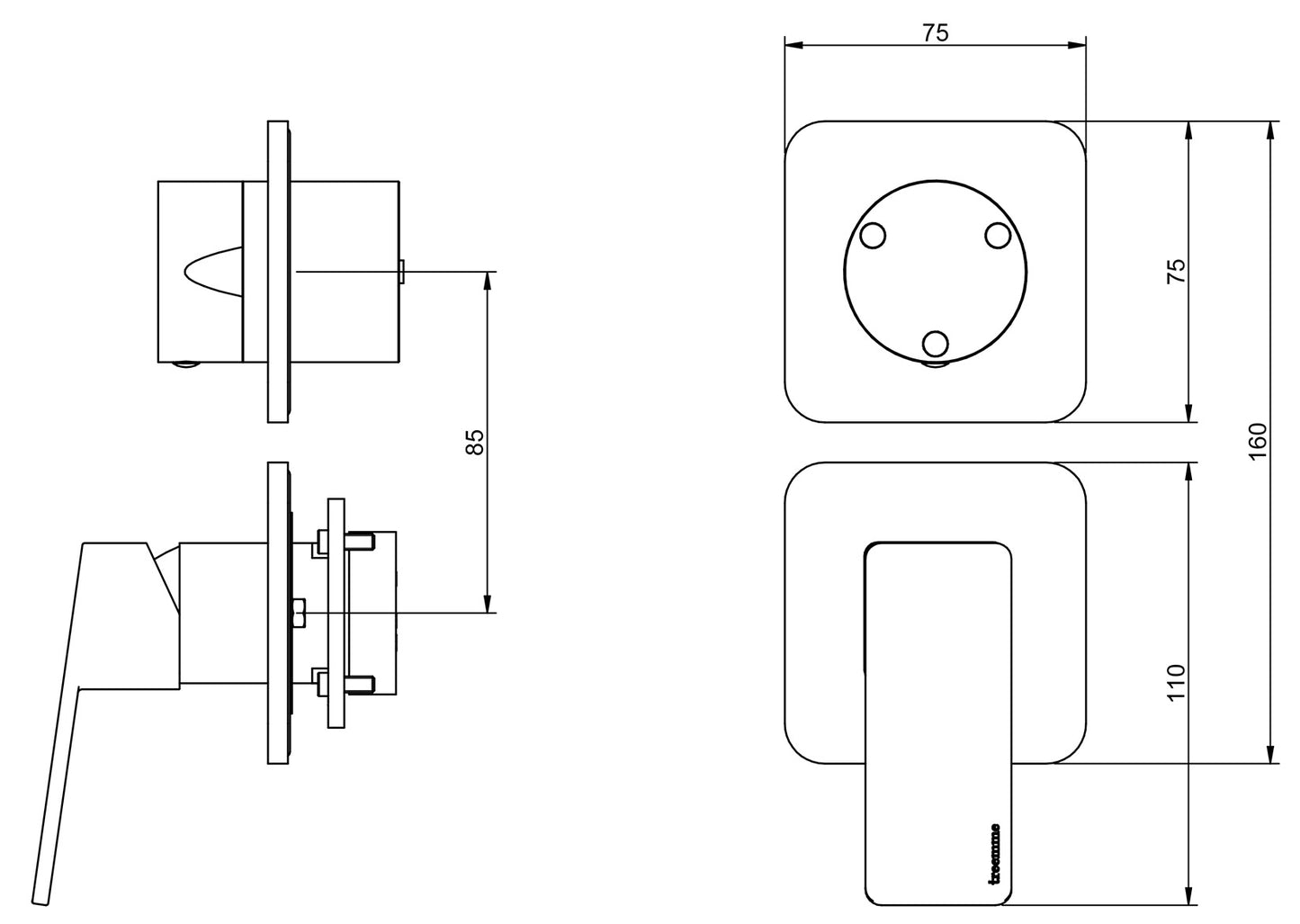 Rubinetterie Treemme 3M Pa36 RWIT 8BC3 CC 01 + RWIT 22A2 ZZ 01 Miscelatore Monocomando Doccia Incasso Muro Con Deviatore 3 Uscite Meccanico Due Fori 1 Leva Senza Piastra Verticale Staffa Per Cartongesso Ottone Cromata Parte Interna Esterna Incluse