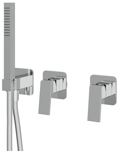Rubinetterie Treemme 3M Pa36 RWIT 8BD9 CC 01 + RWIT 51D9 ZZ 01 Miscelatore Vasca / Doccia Incasso Muro Monocomando Meccanico Parte Interna Esterna Inclusa 3 Fori Senza Piastra Ottone Cromato 2 Leve Manopole Stile Moderno Doccetta Metallo Flessibile PVC