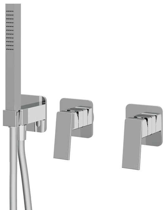Rubinetterie Treemme 3M Pa36 RWIT 8BD9 CC 01 + RWIT 51D9 ZZ 01 Miscelatore Vasca / Doccia Incasso Muro Monocomando Meccanico Parte Interna Esterna Inclusa 3 Fori Senza Piastra Ottone Cromato 2 Leve Manopole Stile Moderno Doccetta Metallo Flessibile PVC