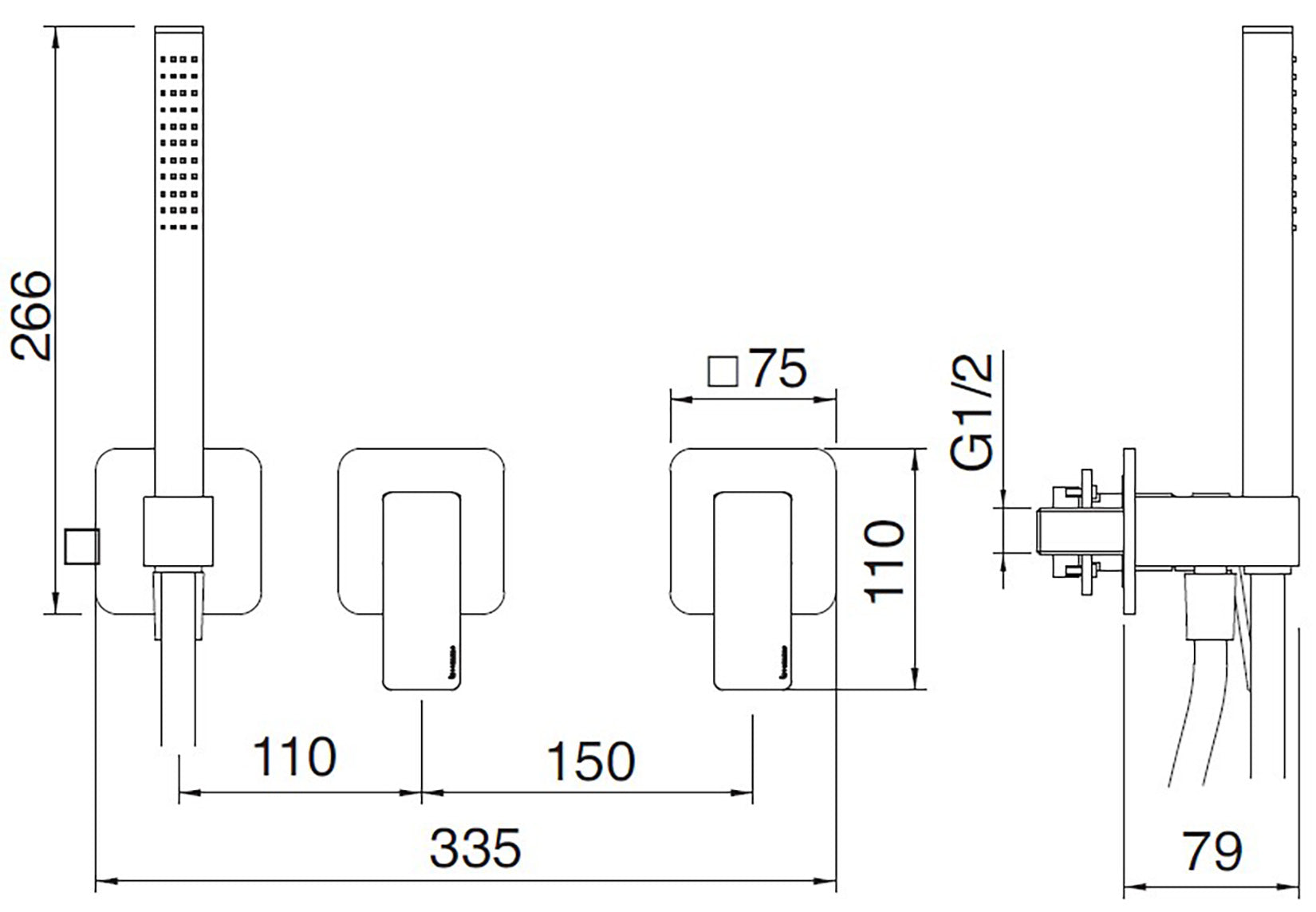 Rubinetterie Treemme 3M Pa36 RWIT 8BD9 CC 01 + RWIT 51D9 ZZ 01 Miscelatore Vasca / Doccia Incasso Muro Monocomando Meccanico Parte Interna Esterna Inclusa 3 Fori Senza Piastra Ottone Cromato 2 Leve Manopole Stile Moderno Doccetta Metallo Flessibile PVC