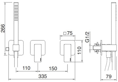 Rubinetterie Treemme 3M Pa36 RWIT 8BD9 CC 01 + RWIT 51D9 ZZ 01 Miscelatore Vasca / Doccia Incasso Muro Monocomando Meccanico Parte Interna Esterna Inclusa 3 Fori Senza Piastra Ottone Cromato 2 Leve Manopole Stile Moderno Doccetta Metallo Flessibile PVC
