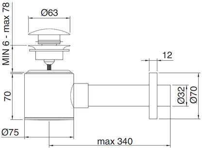Rubinetterie Treemme 3M Ran RWIT 0408 CC 05 Sifone A Vista Tondo Per Bagno Con Piletta Di Scarico Click Clack Materiale Ottone Finitura Cromata