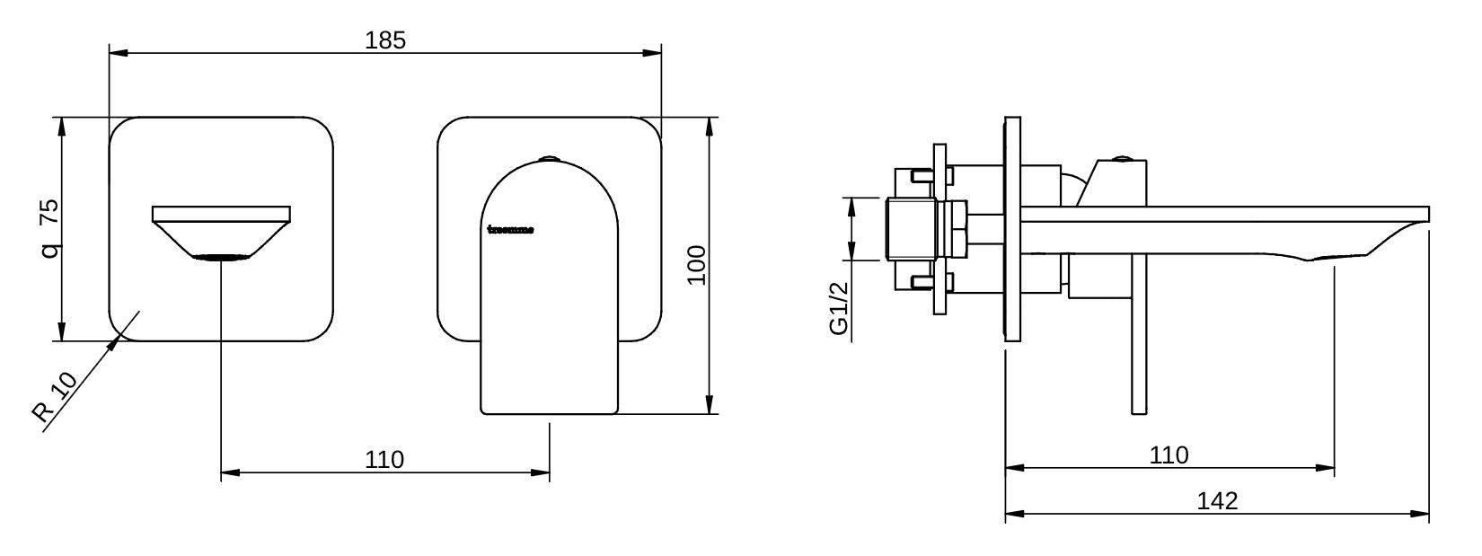 Rubinetterie Treemme 3M Ran RWIT 22C5 CC BC + RWIT 51A5 ZZ 01 Miscelatore Monocomando Lavabo Incasso 110 Installazione Parete 1 Leva a Destra 2 Fori Meccanico Moderno Senza Piastra Orizzontale Lunghezza 142 mm Ottone Cromata Parte Interna Esterna Incluse
