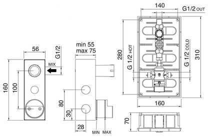 Rubinetterie Treemme 3M Electronic Washbasin Tap RWIT 6B95 CC 02 + RWIT 1395 ZZ MX Rubinetto Elettronico Con Fotocellula Per Lavabo 176 a Parete 2 Fori Batteria Miscelazione Termostatica Lunghezza 185 mm Parte Interna Esterna Incluse Ottone Cromato