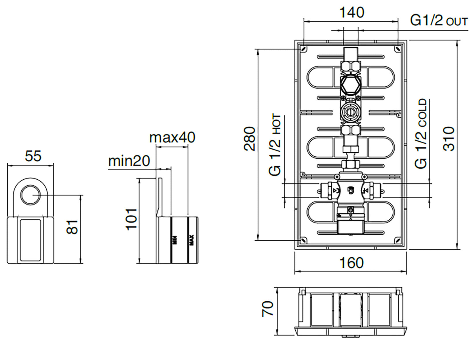 Rubinetterie Treemme 3M Electronic washbasin tap RWIT 2896 IS 02 + RWIT 2895 ZZ MX Rubinetto Elettronico Fotocellula Lavabo 230 Alimentazione Batteria Miscelazione Termostatica Muro Altezza 120 Lunghezza 256 mm Parte Interna Esterna Incluse Acciaio Inox