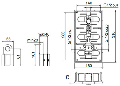 Rubinetterie Treemme 3M Electronic washbasin tap RWIT 2896 IS 02 + RWIT 2895 ZZ MX Rubinetto Elettronico Fotocellula Lavabo 230 Alimentazione Batteria Miscelazione Termostatica Muro Altezza 120 Lunghezza 256 mm Parte Interna Esterna Incluse Acciaio Inox