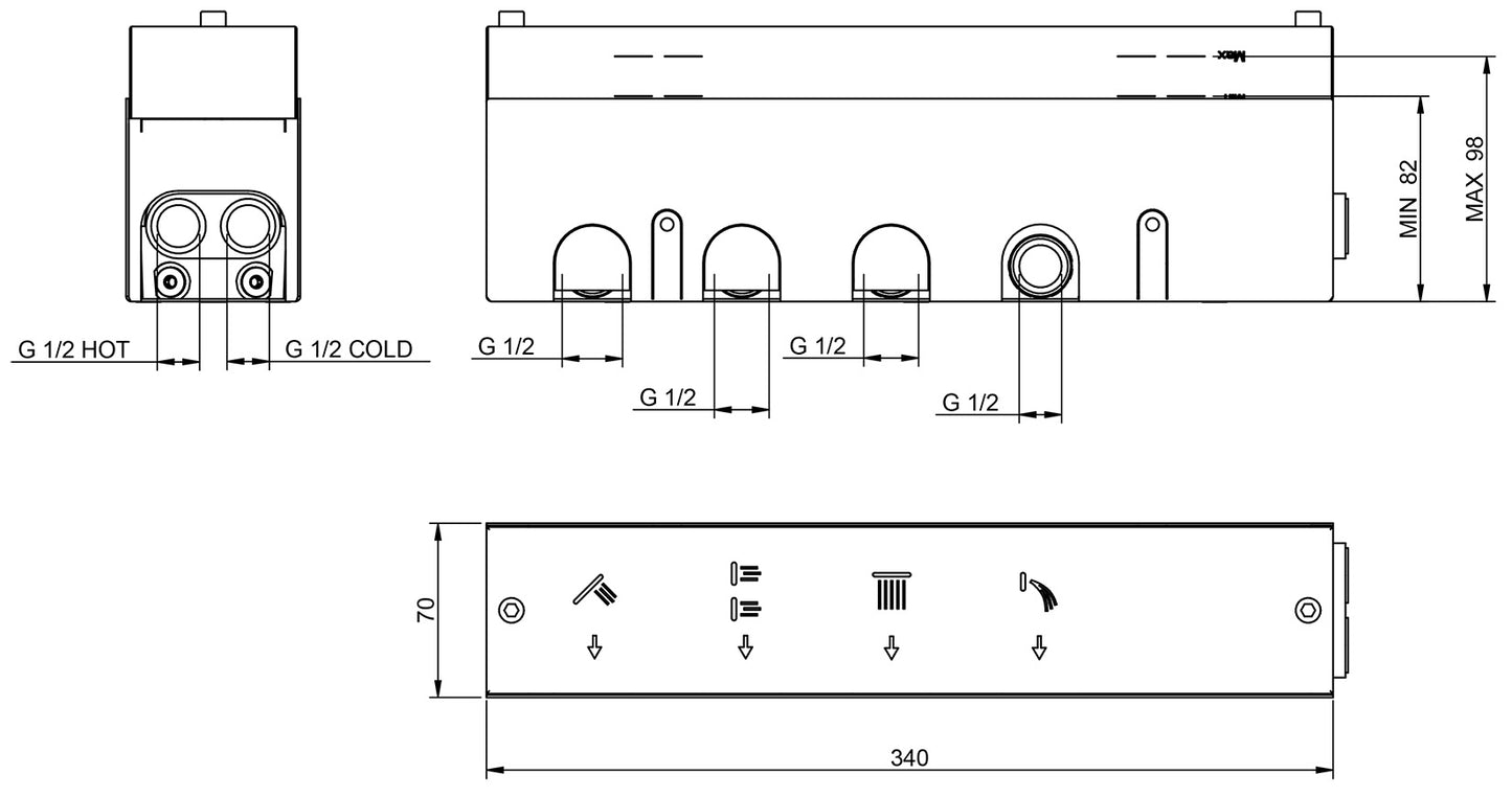 Rubinetterie Treemme 3M Watt RWIT 2BE4 CC 01 + RWIT 2BE4 ZZ 30 Miscelatore Doccia Meccanico Monocomando Incasso 4 Uscite Parete 5 Fori Parte Interna Esterna Incluse Stile Moderno Con Piastra Materiale Ottone Finitura Cromata