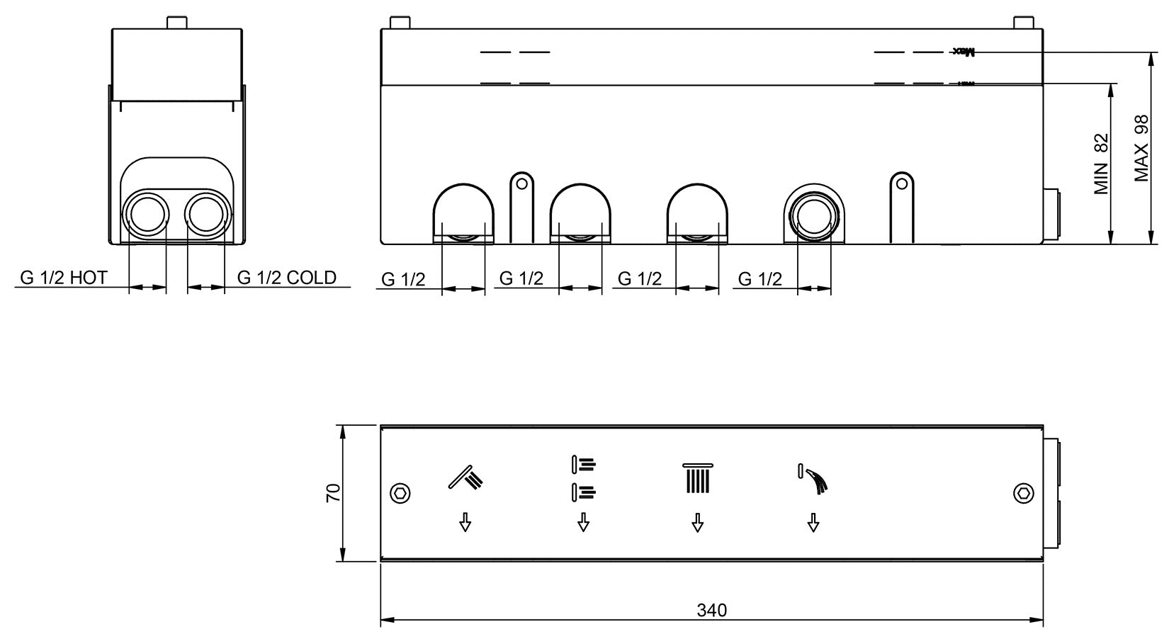Rubinetterie Treemme 3M Watt RWIT 2BF4 CC 01 + RWIT 2BF4 ZZ 30 Miscelatore Doccia Termostatico Monocomando Incasso 4 Uscite Parete 5 Fori Parte Interna Esterna Incluse Stile Moderno Con Piastra Materiale Ottone Finitura Cromata