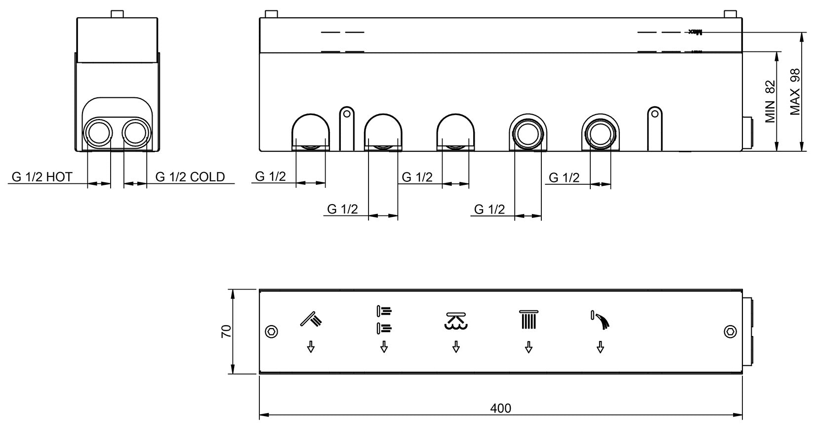 Rubinetterie Treemme 3M Watt RWIT 2BF5 IS 01 + RWIT 2BF5 ZZ 30 Miscelatore Doccia Termostatico Monocomando Incasso Parete 1 Manopola 5 Uscite 6 Fori Stile Moderno Con Piastra Materiale Acciaio Finitura Inox Spazzolato Opaco Parte Interna Esterna Incluse
