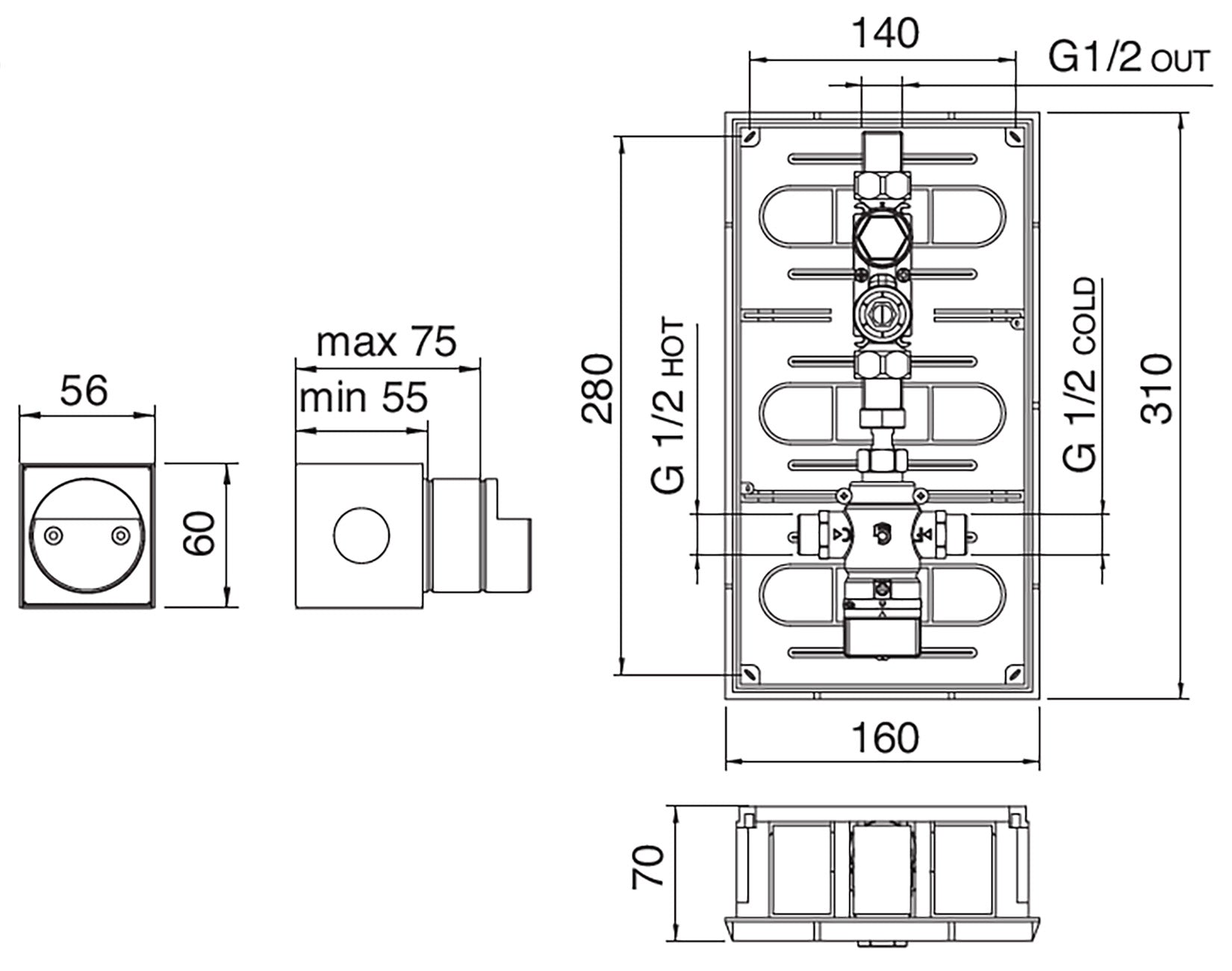 Rubinetterie Treemme 3M Electronic Washbasin Tap RWIT 2295 CC 40 + RWIT 6B95 ZZ MX Sensore Fotocellula Infrarossi Verticale Muro Alimentazione Elettrica Miscelazione Termostatica Forma Tonda Monoforo Parte Interna Incasso Esterna Incluse Ottone Cromato
