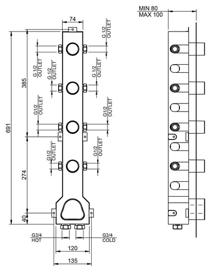 Rubinetterie Treemme 3M WaterTube RWIT 5A76 IS 01 + RWIT 7276 ZZ 40 Miscelatore Termostatico Doccia Incasso Parete 4 Uscite 5 Fori Doppio Orientamento Stile Moderno Acciaio Inox Spazzolato Opaco Parte Interna Esterna Incluse
