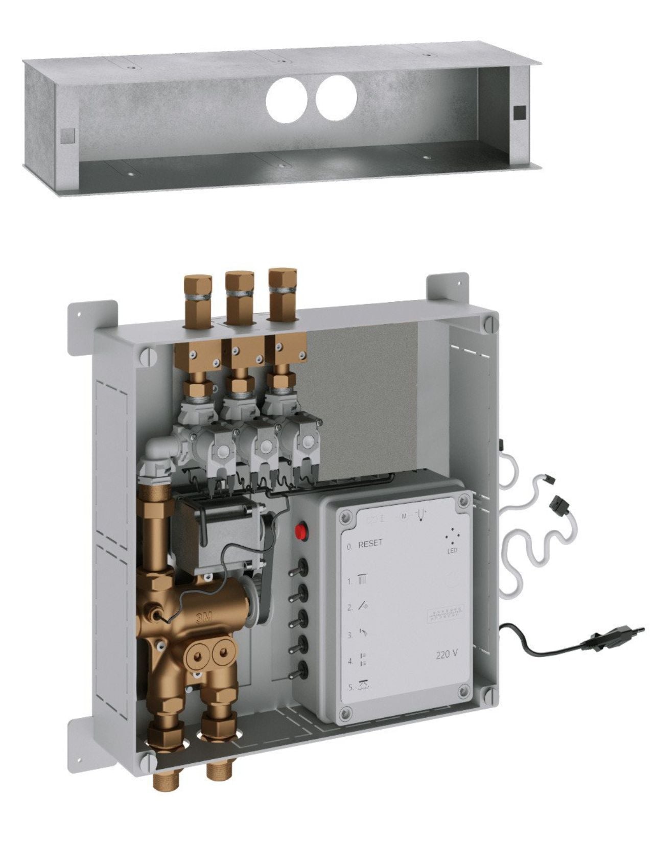 Rubinetterie Treemme 3M W-70S RWIT 7B94 CC 01 + RWIT 7B94 ZZ 30 Miscelatore Doccia Termostatico Incasso 3 Uscite Parete 4 Fori Display Elettronico Digitale Parte Interna Esterna Incluse Stile Moderno Con Piastra Materiale Ottone Finitura Cromata