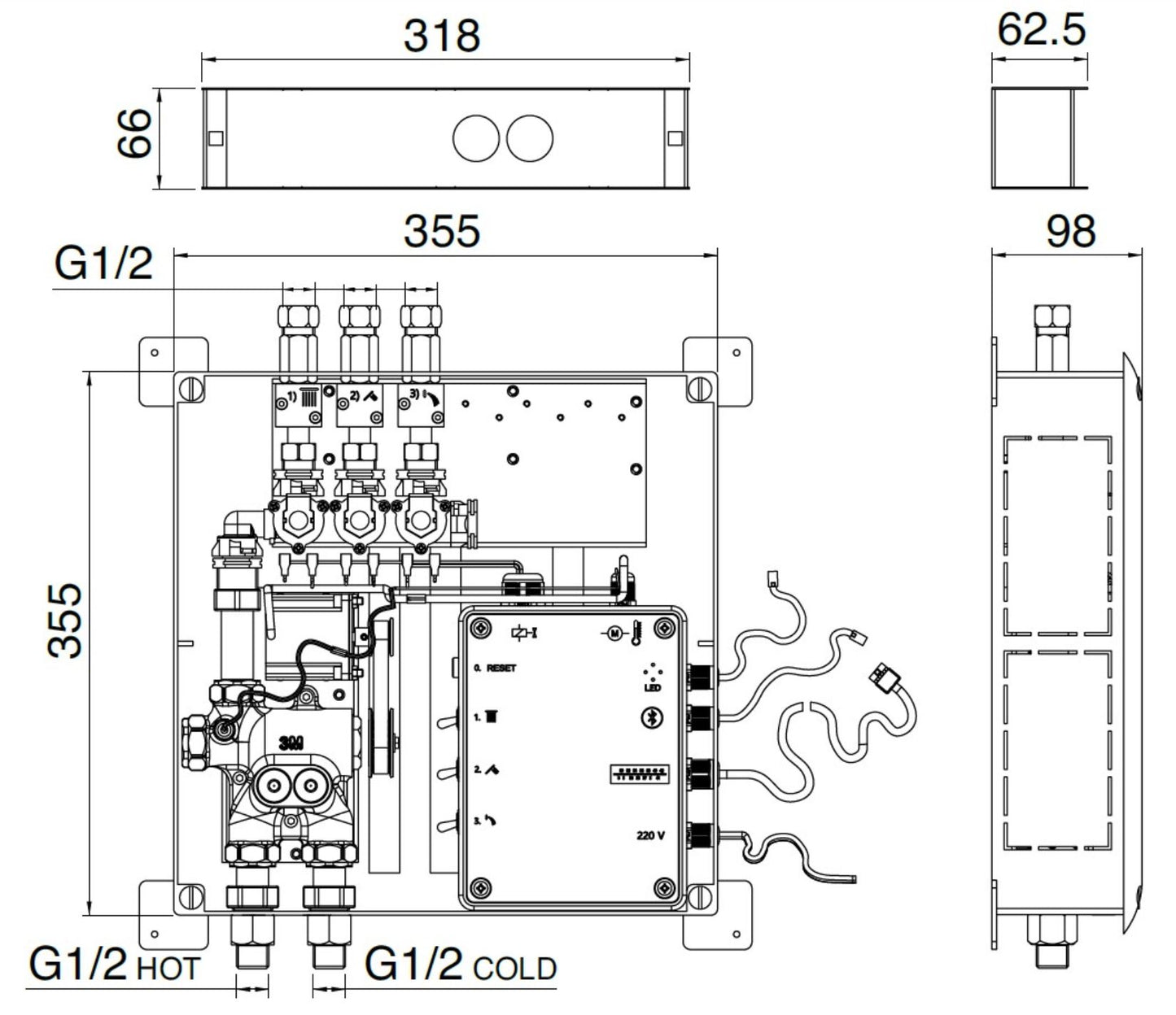 Rubinetterie Treemme 3M W-70S RWIT 7B86 CC 01 + RWIT 7B94 ZZ 30 Miscelatore Doccia Termostatico Incasso 2 Uscite Parete 3 Fori Display Elettronico Digitale Parte Interna Esterna Incluse Stile Moderno Con Piastra Materiale Ottone Finitura Cromata