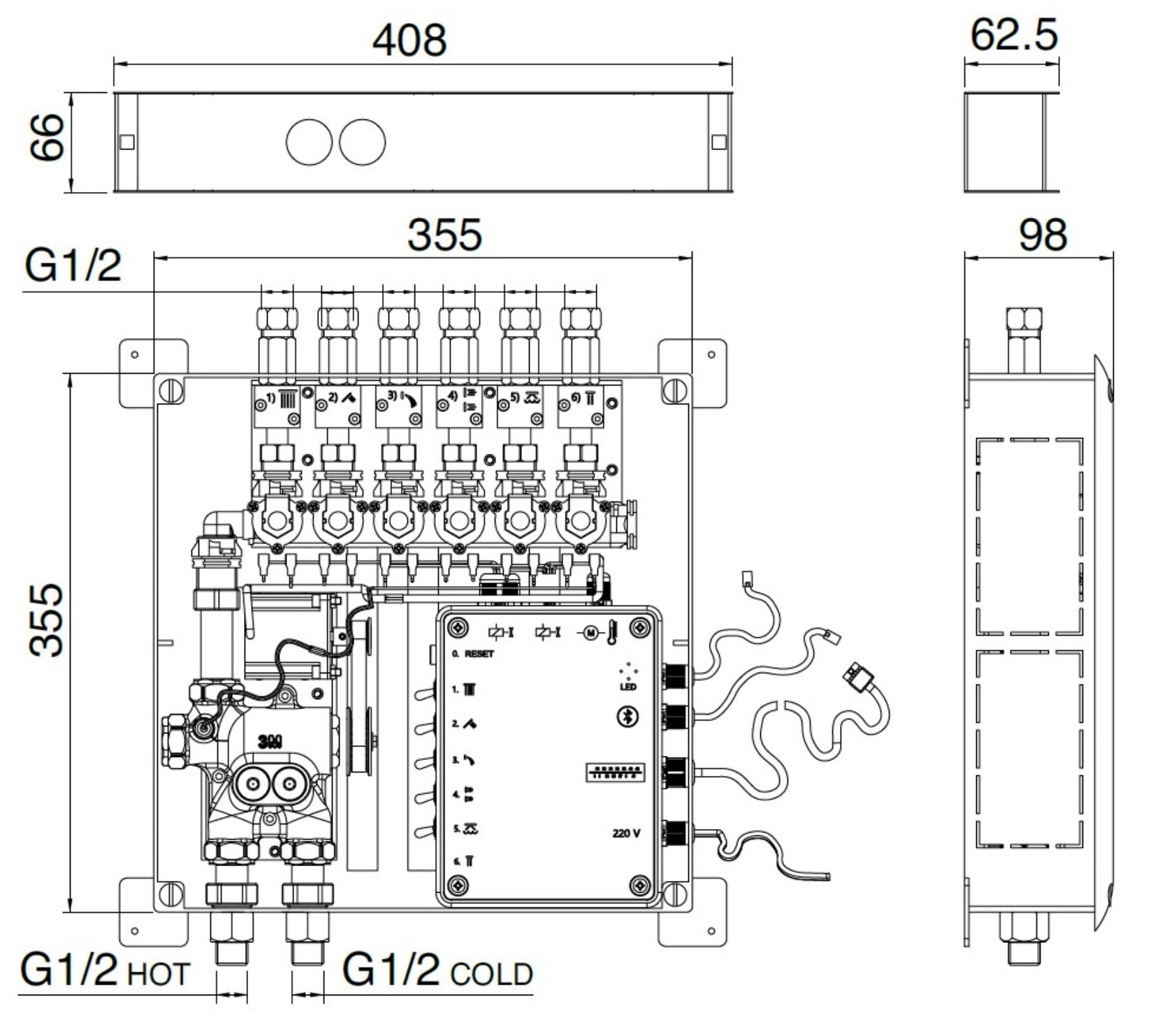 Rubinetterie Treemme 3M W-70S RWIT 7B94 CC LD + RWIT 7BF4 ZZ 30 Miscelatore Doccia Termostatico Incasso 3 Uscite Per LED Parete 5 Fori Manopole Display Elettronico Digitale Parte Interna Esterna Incluse Stile Moderno Con Piastra Ottone Cromata