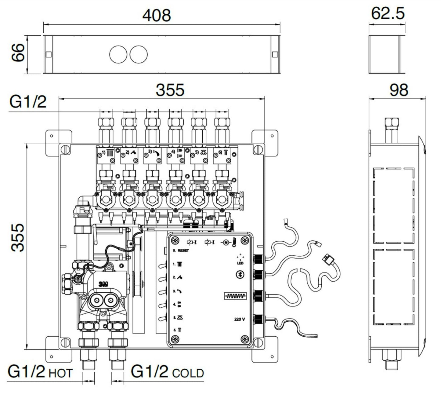 Rubinetterie Treemme 3M W-70S RWIT 7BF4 CC 01 + RWIT 7BF4 ZZ 30 Miscelatore Doccia Termostatico Incasso 4 Uscite Parete 5 Fori Display Elettronico Digitale Parte Interna Esterna Incluse Stile Moderno Con Piastra Materiale Ottone Finitura Cromata