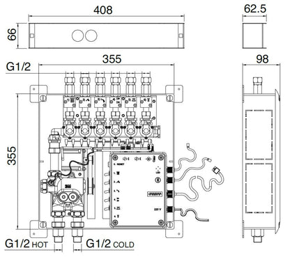 Rubinetterie Treemme 3M W-70S RWIT 7BF5 CC 01 + RWIT 7BF4 ZZ 30 Miscelatore Doccia Termostatico Incasso 5 Uscite Parete 6 Fori Display Elettronico Digitale Parte Interna Esterna Incluse Stile Moderno Con Piastra Materiale Ottone Finitura Cromata