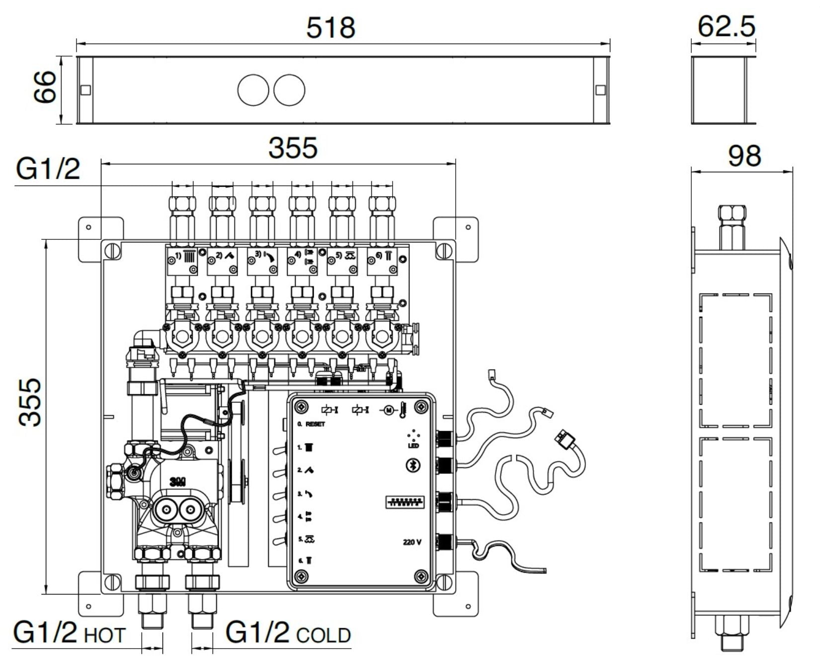 Rubinetterie Treemme 3M W-70S RWIT 7BF6 CC 01 + RWIT 7BF5 ZZ 30 Miscelatore Doccia Termostatico Incasso 6 Uscite Parete 7 Fori Display Elettronico Digitale Parte Interna Esterna Incluse Stile Moderno Con Piastra Materiale Ottone Finitura Cromata