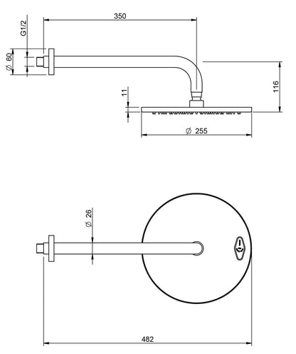 Rubinetterie Treemme 3M Showers IT 6599 IS ZZ VS Soffione Doccia Pioggia A Parete Tondo In Metallo Diametro Ø 255 mm Anticalcare Con Braccio Doccia 350 mm Stile Moderno Acciaio Finitura Inox Spazzolato Opaco