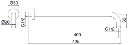 Rubinetterie Treemme SHOWERS Braccio Tondo Per Soffione Doccia Presa Tonda A Parete 400 mm Materiale Acciaio Finitura Acciaio Spazzolato Opaco Inox