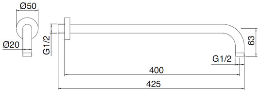 Rubinetterie Treemme SHOWERS Braccio Tondo Per Soffione Doccia Presa Tonda A Parete 400 mm Materiale Acciaio Finitura Acciaio Spazzolato Opaco Inox