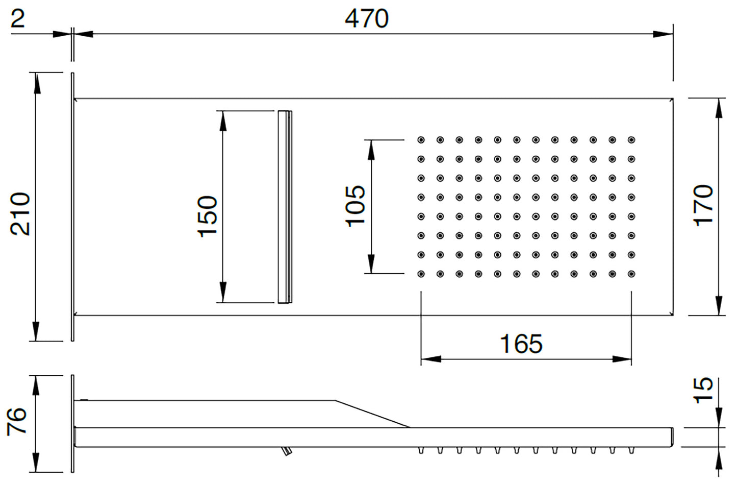 Rubinetterie Treemme SHOWERS Soffione Doccia Rettangolare Incasso A Parete 470x170 mm Pioggia E Cascata Stile Moderno Materiale Acciaio Finitura Acciaio Spazzolato Opaco Inox
