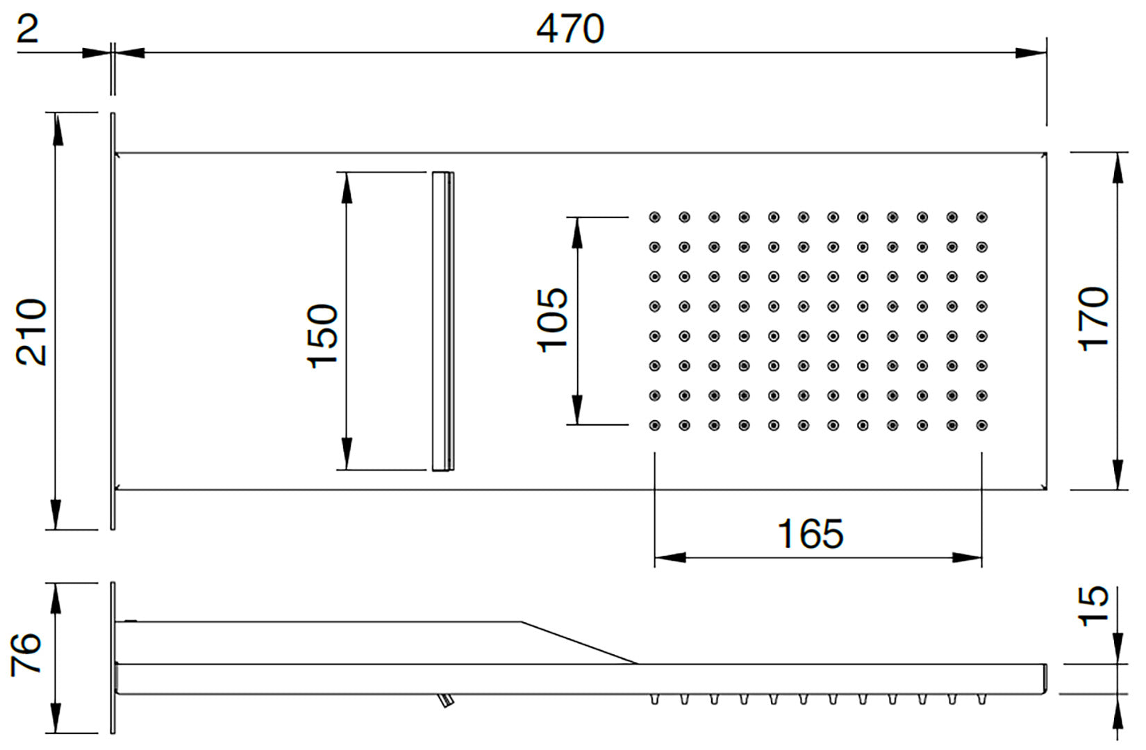 Rubinetterie Treemme SHOWERS Soffione Doccia Rettangolare Incasso A Parete 470x170 mm Pioggia E Cascata Stile Moderno Materiale Acciaio Finitura Acciaio Spazzolato Opaco Inox